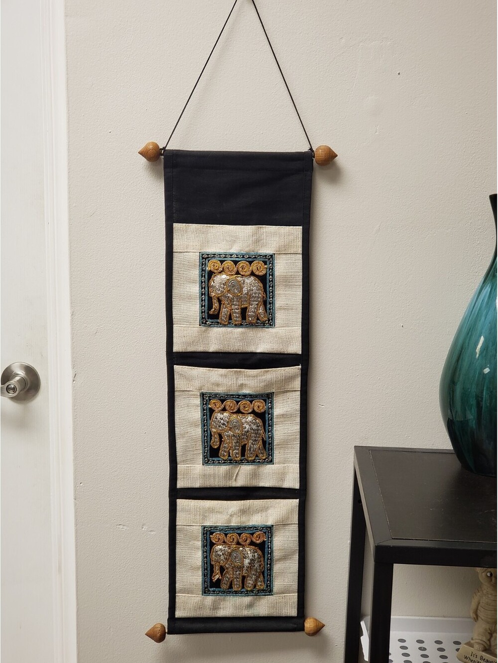 VTG Linen Handmade Wall Hanging Mail Holder Sequin Beaded Elephant Pockets GC